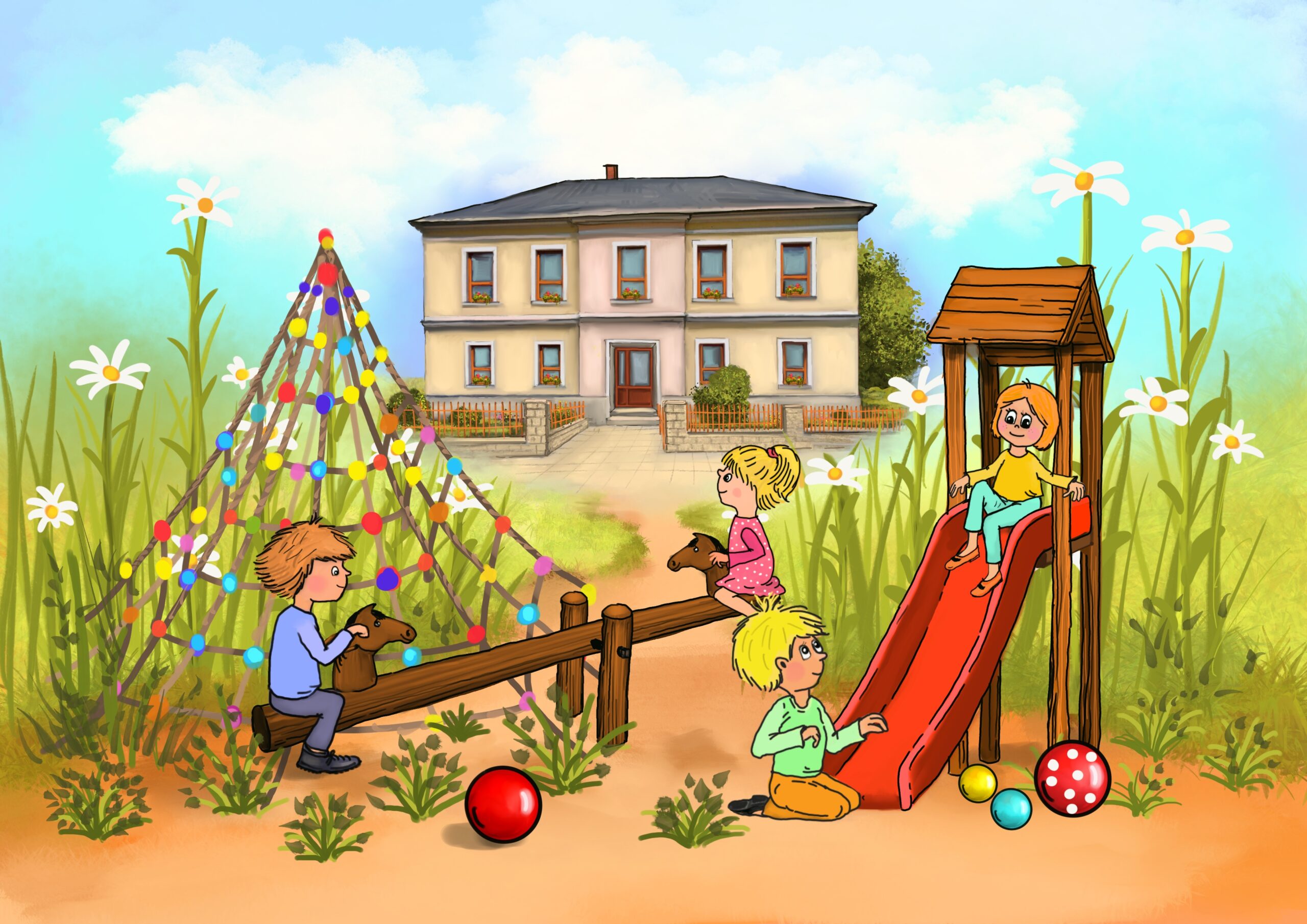 Děti hrající si na hřišti Obrázek dětí hrajících si na školním hřišti